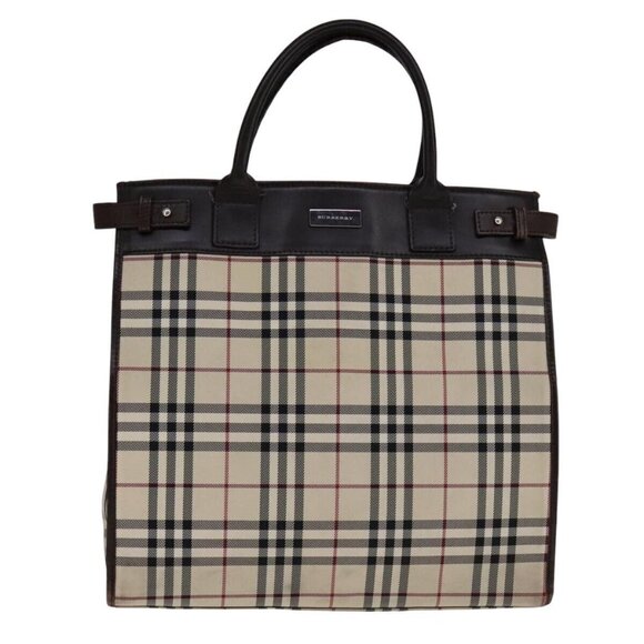 BURBERRY Nova Check Hand Bag Canvas Leather Beige Brown Silver Auth 112330 - Picture 1 of 14